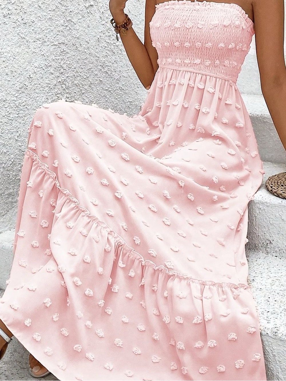 Strapless Pink Textured Maxi Dress